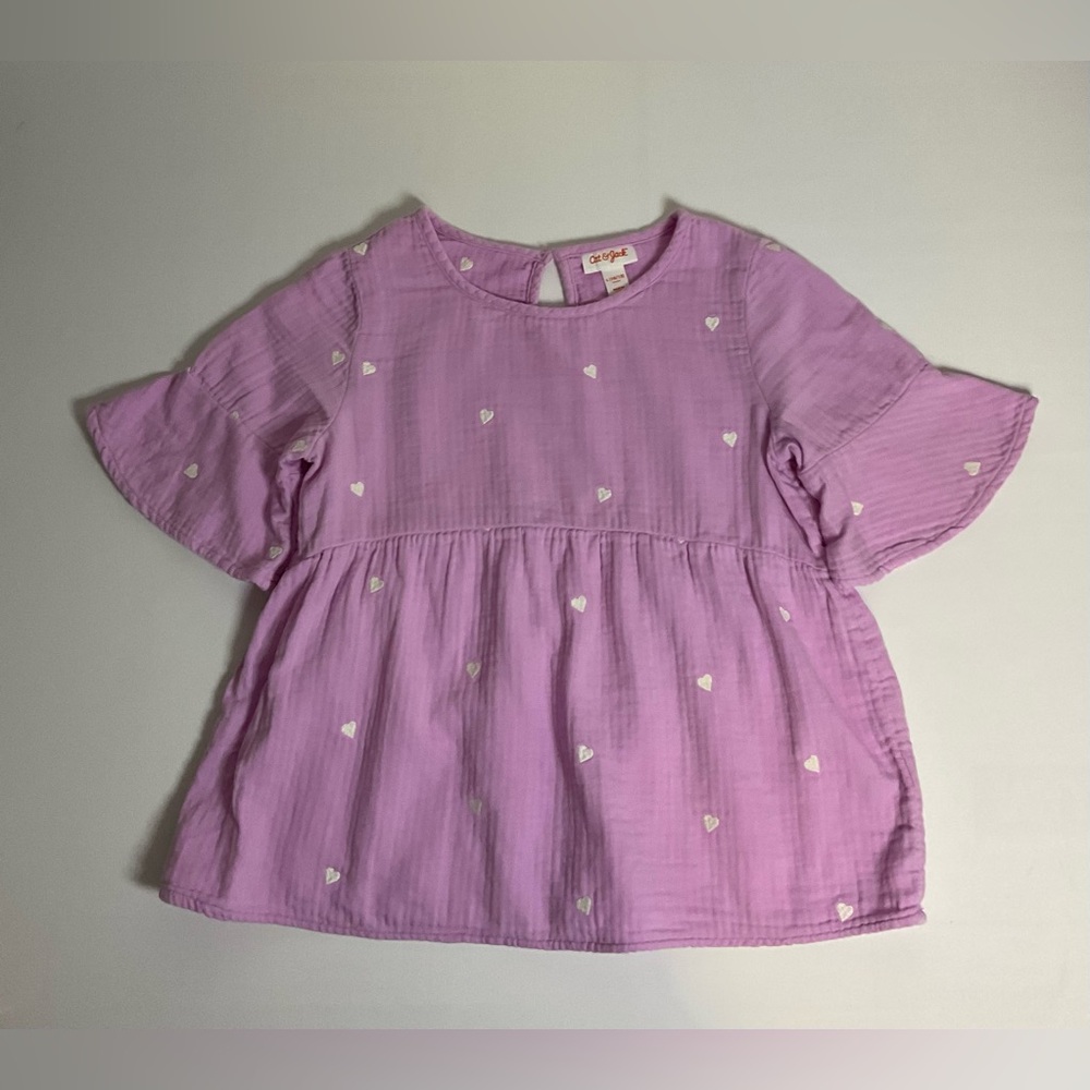 Cat & Jack Top Girls M (8) Purple Embroidered Hearts Gauzy Ruffle Sleeve Cotton